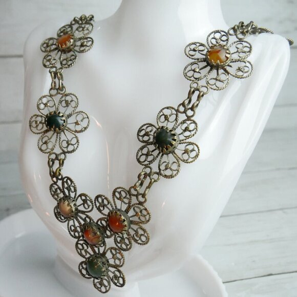 Vintage Hippie Flower Power Filigree Gemstones Bib Necklace Indian Style - Picture 9 of 10